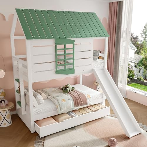 Letto a castello per 2 bambini, con scivolo, letto a soppalco, 90 x 200, con scivolo e 2 cassetti, con guide di protezione, senza materasso, 205,4 x 236,5 x 228,6 cm (bianco e verde)