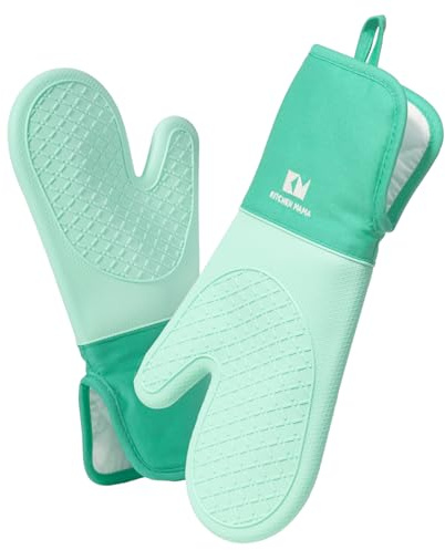 Kitchen Mama 2PCS UltraShield Silicone Oven Gloves Teal | Heat Resistant – Non-Slip, Stain-Resistant, Food-Grade Silicone Kitchen Gloves & Pot Holders for Baking