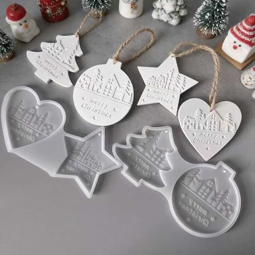 4pcs Stampi in silicone per colata di Natale–Forme Albero di Natale, Stella e Cuore–Stampi Riutilizzabili per Gesso, Sapone e Cera–Decorazioni di Natale Fai da Te e Regali Creativi