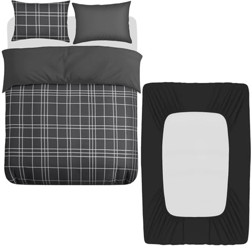 Grace 4 Pcs Double Duvet Set with Matching Black Double Fitted Sheet 40 cm Extra Deep Pocket - UltraSoft Breathable Premium Microfibre Reversible Quilt Cover Bedding Set For All Seasons