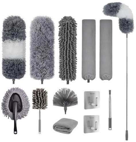 12 Pcs Feather Duster, Microfibre Feather Duster Bendable Extendable Washable Cobweb Duster with 100 inches Long Telescopic Duster, for Cleaning Ceiling Fan Lights Blinds Cars Furniture