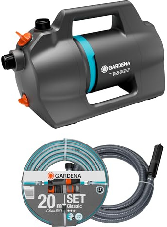 Gardena Trädgårdspump 5000 Silent Set Pumpar: 26% mer flöde vid samma strömförbrukning än föregångaren*, Drift med låg ljudnivå, Regn- och UV-beständigt hölje, (9081-20)