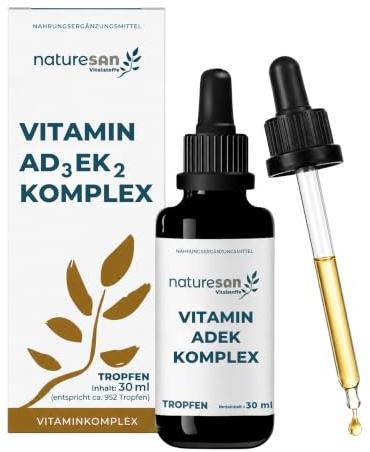 Naturesan Vitamin ADEK Tropfen hochdosiert – Premium A, D3, E, K2 Komplex – Immunsystem, Knochen & Sehkraft – 952 Tropfen für ca. 10 Monate – glutenfrei, laktosefrei, allergenfrei – 30 ml Miron-Glas