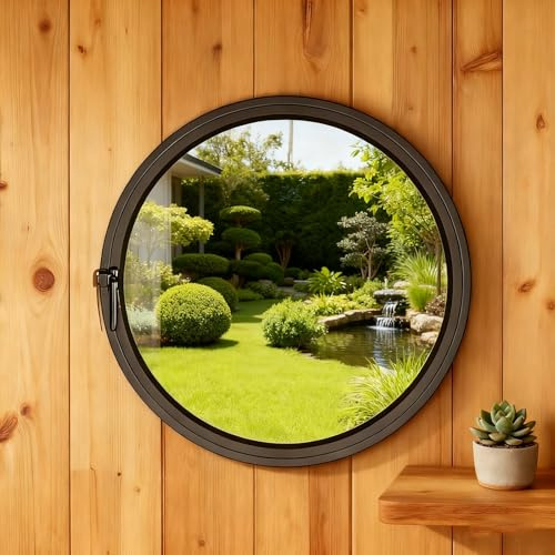 Rotonda Finestra Seminterrato Con Maniglia Finestre A Battente Girevole A 360° In Lega Di Alluminio E Vetro Temperato Ventilazione Scorrevole Finestra Con Asse Centrale Rotante(Black,40cm/15.7in)