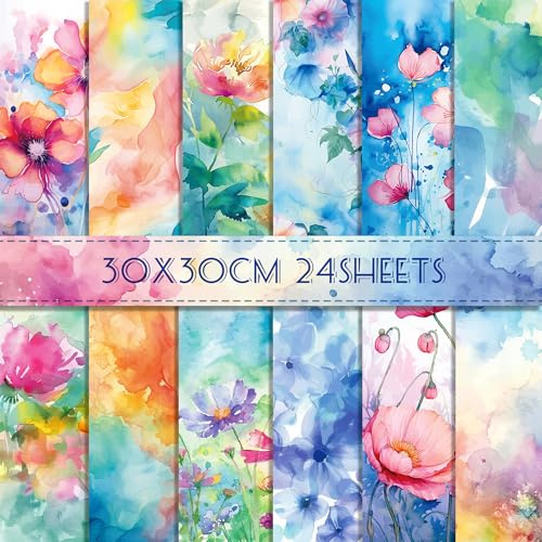 24 fogli di carta colorata per scrapbook Craft origami, 12 disegni ad acquerello, carta decorativa double face, per album fotografici, 30 x 30 cm