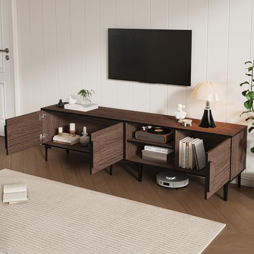 VIVCA Mueble bajo para TV (180 x 35 x 49 cm, apto para televisores de 80 pulgadas, para salón, armario de televisión, color nogal oscuro, con 2 armarios y estantes abiertos)