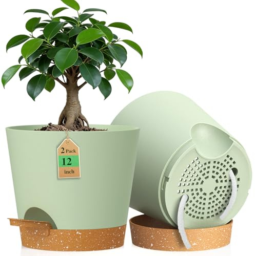 WSMKSZ 30 cm Large Self Watering Plant Pots Indoor Outdoor, 2 Pack 12 inch Thick Plastic Flower Pots with Drainage Holes & Deep Reservoirs, Planters with Cotton Wicks for House Plants, Green Brown