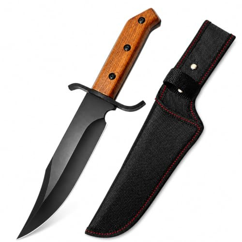 bhkz Jagdmesser mit Feststehender Klinge, Holzgriff, Schwarze Beschichtung, 25cm Gesamtlänge, 15cm Klingenläge, Edelstahl, Taktisch, mit Canvas-Scheide für Outdoor, Camping, Jagd
