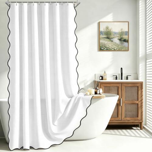 Lerores Duschvorhang 180x200 cm Weiß mit schwarzem Wellenrand, Leinenoptik mit 12 Kunststoffhaken – Schwerer, waschbarer, wasserabweisender Duschvorhang aus Stoff für Badezimmer, Hotel, Badewanne