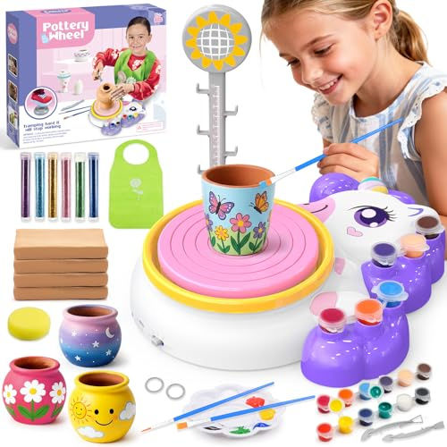 Naxudcoo Kit de Cerámica Unicornio DIY con Torno para Niñas 6-12 Años, Juguete Educativo Manualidades Kit para Principiantes, Contiene Arcilla y Pinturas, Unicornios Regalo para Niñas 6+ Años