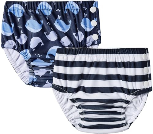2 Pack Reusable Swim Nappies 6-12 Months, Easy Pull-on Baby Swim Diapers with Side Snaps, Waterproof Swimming Pants for Lessons Holiday, Spouting Whale & Stripes