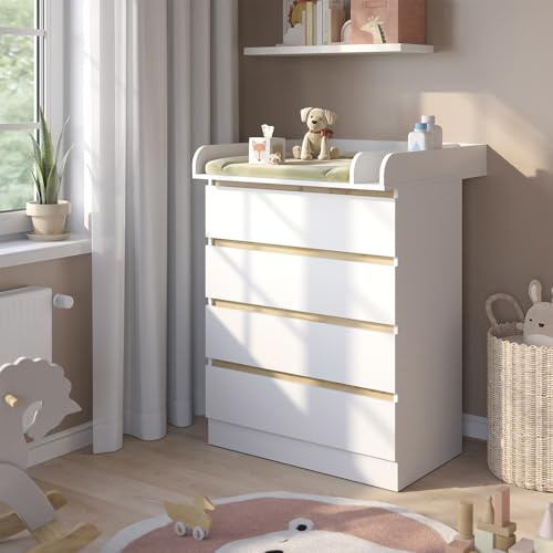 VitaliSpa Wickelkommode Emmi, Weiß/Goldkraft Eiche, 80 x 111.7 cm mit 4 Schubladen