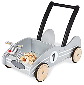 Pinolino Lauflernwagen Kimi, aus Holz, mit Bremssystem, Lauflernhilfe mit gummierten Holzrädern, für Kinder von 1 – 6 Jahren, silber