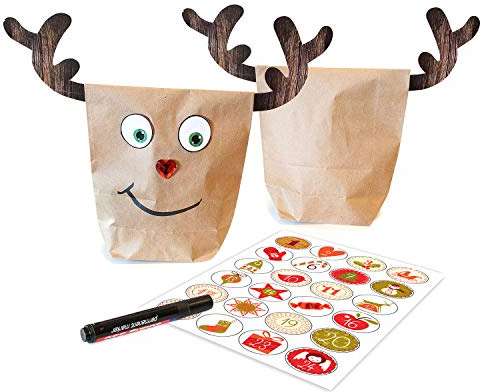 pajoma Adventskalender Bastelset Rudis 24 Helfer, 1 x 24 Kraftpapiertüten zum Befüllen, inkl. Zahlensticker, Weihnachten