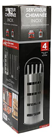 RUECAB - Serviteur de cheminée, serviteur bois cheminée - Support + 4 accessoires : pelle, tisonnier, balai et pince - En inox - Hauteur: 66cm - Poids: 2,4kg - Idéal pour l'entretien de votre cheminée