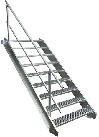 9 Stufen Stahltreppe mit einseitigem Geländer/Breite 130cm Geschosshöhe 135-180cm / Robuste Außentreppe/Wangentreppe/Stabile Industrietreppe für den Außenbereich/Inklusive Zubehör