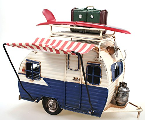 Unbekannt Wohnwagen aus Metall blau mit Rahmen und Spardose Camper Auto Oldtimer Nostalgie