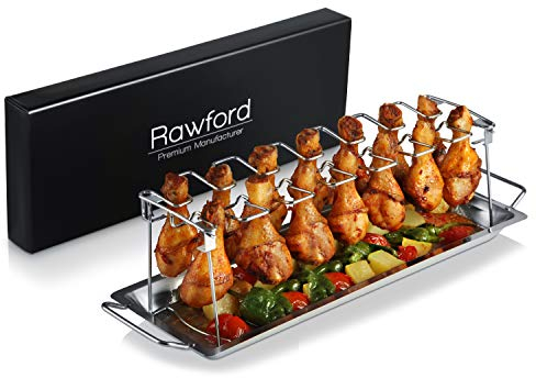 Rawford Hähnchenschenkel Halter | LFGB-geprüft (TÜV) | Edelstahl Grill & Backofen Chicken Rack | Spülmaschinenfest, Klappbar & langlebig | Inkl. BBQ-Rezeptkarte & eBook