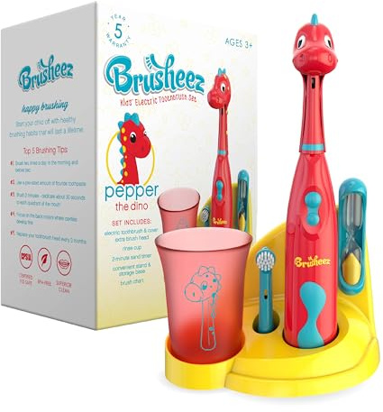 Brusheez Kids’ Electric Toothbrush Set - Safe & Effective for Ages 3+ - Parent Tested & Approved with Gentle Bristles, 2 Brush Heads, Rinse Cup, 2-Minute Timer, & Storage Base (Pepper the Dino)