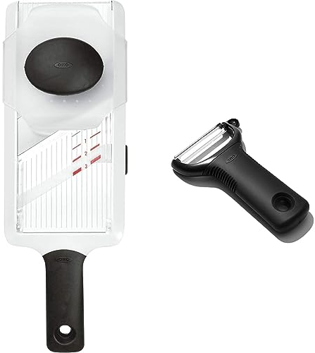 OXO Good Grips – Mandoline manuelle - Mandoline en inox à épaisseur de tranche réglable - Blanc & Good Grips – Éplucheur à légumes rasoir en Y - Économe à légumes en inox - Noir