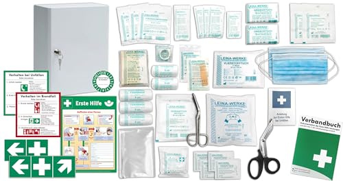 Erste Hilfe Schrank-Medizinschrank-Verbandschrank (247x110x300) -Komplettpaket- Füllung nach AKTUELLER DIN/EN 13157 (Betriebe) + viele Extras INKL. Verbandbuch + Aushang + Folienaufkleber