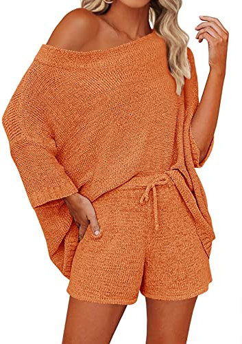 Mafulus 2-teiliges Damen-Outfits, Pullover-Set, schulterfrei, Strick-Top, Shorts, passende Anzüge, niedlicher Pyjama, Lounge-Set, Orange/Abendrot im Zickzackmuster (Sunset Chevron), S