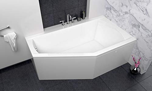 ECOLAM® raumsparende Badewanne Eckbadewanne Acryl Selena Polimat weiß 160x90 cm RECHTS + Schürze Ablaufgarnitur Ab- und Überlauf Automatik Füße Silikon Komplett-Set
