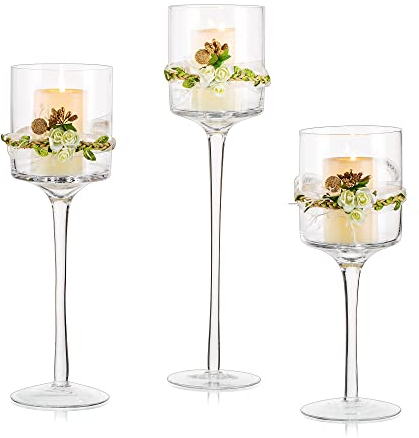 Romadedi Teelichthalter Glas Kerzenständer Kerzenhalter - Elegantes Kerzenglas Hoch Für Teelichter Stumpenkerzen Teelichthalter Für Tischdeko Esstisch Hochzeit Party 3er Set, 20/23/26cm