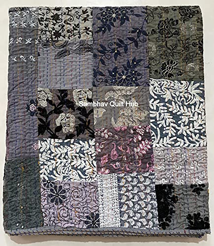 Multicolor Patchwork Quilt Vintage Indian Reversible Quilted Throw Blanket Super Soft and Warm Living Room Decorative for Sofa and Couch 60X67 inches (Grey)