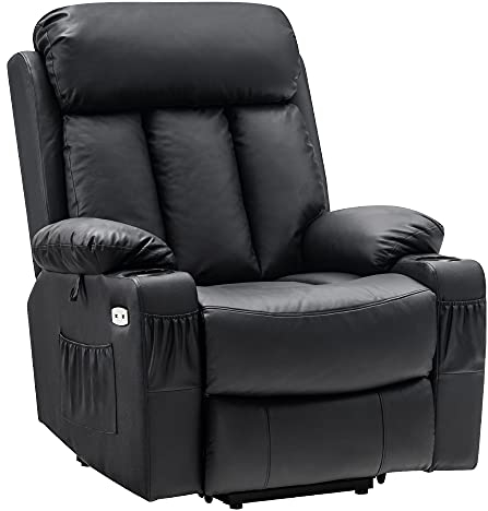 M MCombo Fernsehsessel mit Aufstehhilfe Elektrisch, Kontaktfläche aus Rindsleder, Relaxsessel mit Liegefunktion, TV Sessel mit Liegefunktion bis 140°, mit USB 7190 (Echtleder+Kunstleder, Schwarz)