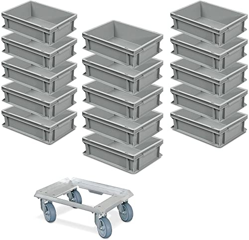 BRB 15er Spar-Set Euro-Behälter Plus Transportroller, 400x300x120 mm in Farbe grau Industriequalität lebensmittelecht