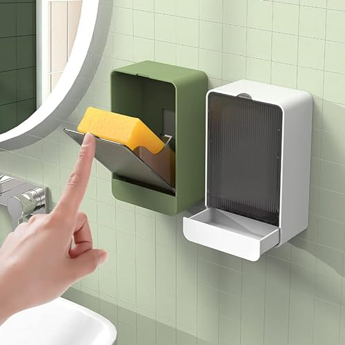 DENTSHIELD Porte-Savon avec Couvercle,Boite Savon Support Mural,Porte Savons sans Perçage,Bac De Vidange Amovible pour Lavabo,Douche,Salle de Bain,Cuisine Blanc