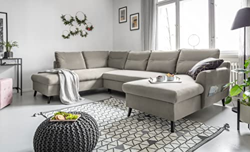 MIUFORM Ecksofa U-Form mit Schlaffunktion und Bettkasten | Stylish Stan | Wohnladschaft Couch Schlafcouch Wohnzimmer Gästezimmer | Holzlfüße Easy-Clean Stoff Samt (Beige, Links ausgerichtet)