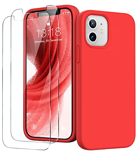 GOODVISH 3 in 1 für iPhone 12 Mini Hülle mit 2 Stück Schutzfolie, Rot | Liquid Silikon Rundumschutz Handyhülle, mit Weichem Mikrofaser Innenfutter Stoßfestes Schutzhülle für iPhone 12 Mini
