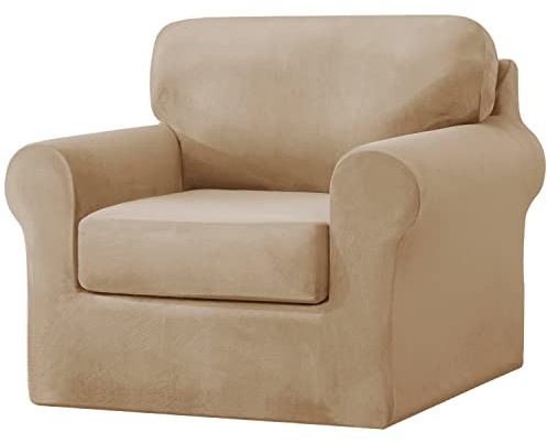 vctops 3 Pieces Velvet Stretch Armchair Sofa Cover for 1 Seater Couch Soft Washable Sofa Slipcover with Individual Backrest and Cushion Cover for Kids Cats Dogs (Light Coffee,1 Seat)