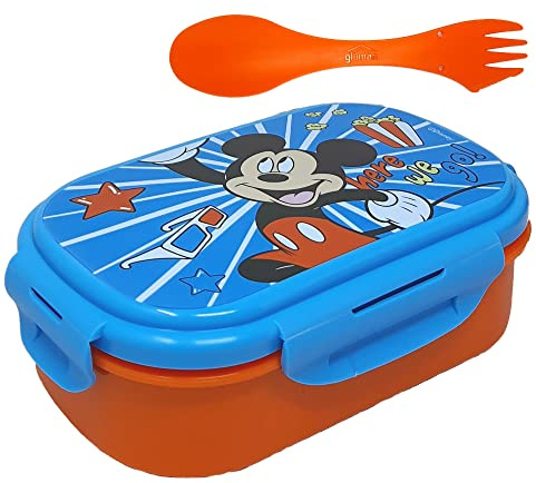 Portamerenda con posata, Topolino, Disney, portapranzo multiscomparto, posata 3 in 1, forchetta, cucchiaio, coltello
