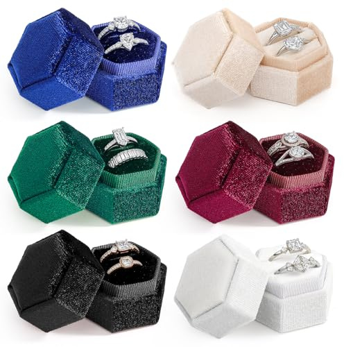 ELSJOY Set von 6 Samt Ring Box - Double Slot Schmuck Ring Geschenk Box Sechseck Diskrete kleine Samt Box Vintage Ring Halter mit abnehmbarem Deckel für Hochzeit, Vorschlag & Engagement in 6 Farben