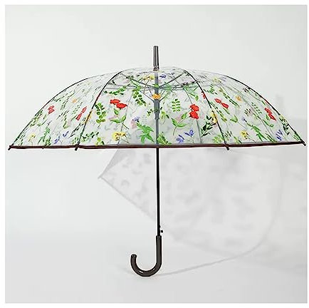 SAFWEL Transparenter Regenschirm mit Buntem Blumenmuster, Winddicht, wasserdicht, halbautomatisch, gebogener Griff for Damen und Herren (Color : Brown)