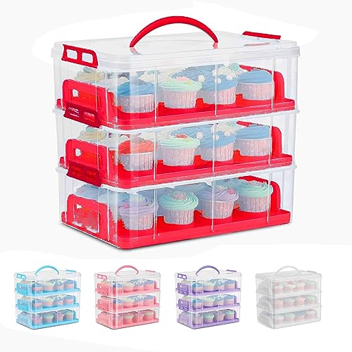 SG Traders 3 Tier Cupcake Carrier with Handle, 36 Muffin Cases Stackable Cake Caddy, Baking Cupcake Boxes Cupcake Cases, Plastic Storage Box with Adjustable Compartments