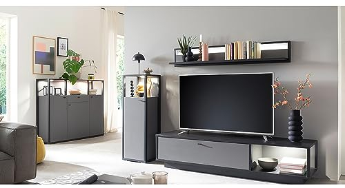 Lomadox Wohnzimmermöbel Set Wohnwand grau 4-teilig Modern mit anthrazit, 2 Highboards, 1 Lowboard, 1 Wandboard