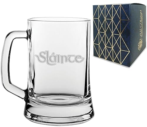 Engraved Novelty Beer Mug Tankard Stein with Slainte Celtic Design, Gift Box Included, Laser Engraved, Gift for Dad Grandad Uncle Friend Colleague, Add an Optional Personalised Message