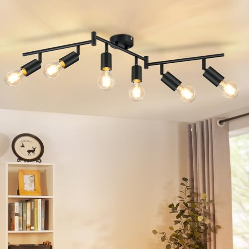 CBJKTX Deckenstrahler Schwarz Deckenleuchte E27 - Vintage Deckenspot 6 | Flammig Deckenlampe Schwenkbar 350° Spots Industrial küchenlampe für Flur Küche Wohnzimmer Schlafzimmer (ohne Leuchtmittel)