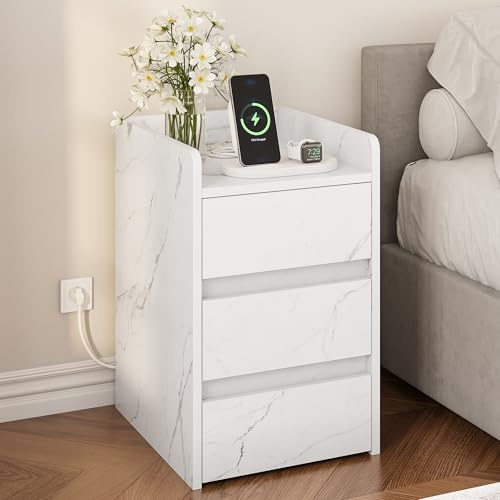 YITAHOME Comodino a 3 Cassetti con Alimentatore, Comodino con Stazione di Ricarica, 2 Porte e Prese USB, Tavolino Impermeabile per Soggiorno e Camera da Letto, 35 x 40 x 60 cm (Marmo Bianco)