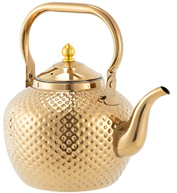 Tetera de acero inoxidable 201 de 2 litros, tetera grande de metal con colador, para familias, restaurantes, camping, cocinas de inducción, estufas de gas halógenas (dorado)