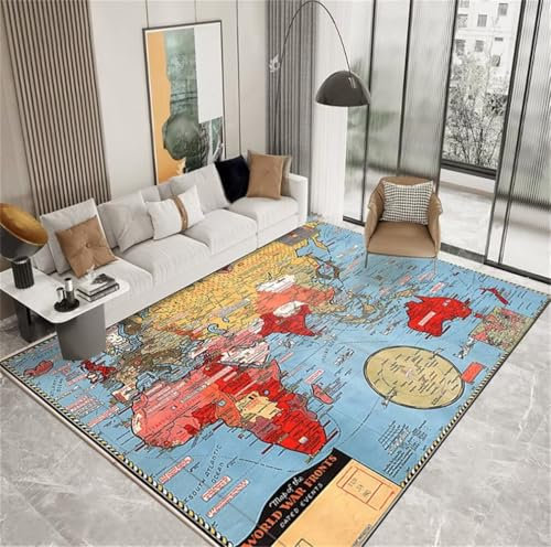 RUGMRZ Teppich Eingangsbereich Innen 300x400CM Auslegware Teppichboden Hall Teppiches Blau Leicht zu reinigender Studienteppich mit Weltkartenmuster