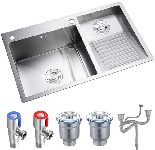 Edelstahl-Doppelwaschbecken mit Ablauf-Sets und integriertem Waschbrett, silberfarben, 22 cm tief, Mehrzweckspüle für Waschraum, A80 x 48 x 21,6 cm