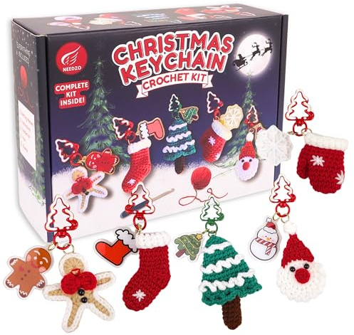 Needzo Christmas Keychain Crochet Kit, Holiday Amigurumi, All Supplies Included, Step-by-Step Video Tutorials, 5 Designs