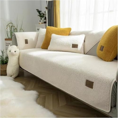 FASCINATDECO Sofa Überzug, Samt Sofabezug 1/2/3/4 Sitzer, Sofaschoner rutschfest, Couch überzug L Form Sofaüberwurfe, Universelle Sofa Sitzkissenbezug, Waschbar Couchbezug (Beige,90x240cm)