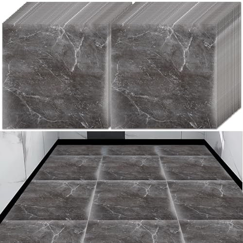 YAYODS 40 Pack Self Adhesive Vinyl Flooring, 30x30cm Waterproof Grey & Black Marble Texture Effect Flooring Tiles, Peel and Stick Floor Tile for Kitchen Bathroom Living Room and Floor Planks