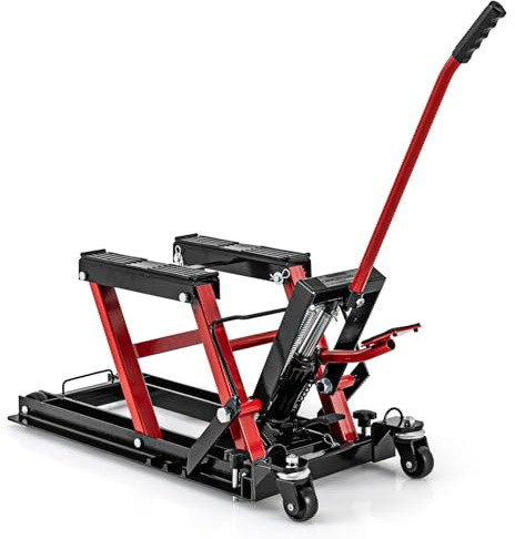GYMAX Lève-Moto Charge 680KG, Cric de Moto Mobile avec 4 roulettes, Manipulation Facile avec Pédalier, Hauteur Réglable 3 Position 12-38cm, Outil Manutention pour Garage, Atelier, Réparation (Rouge)